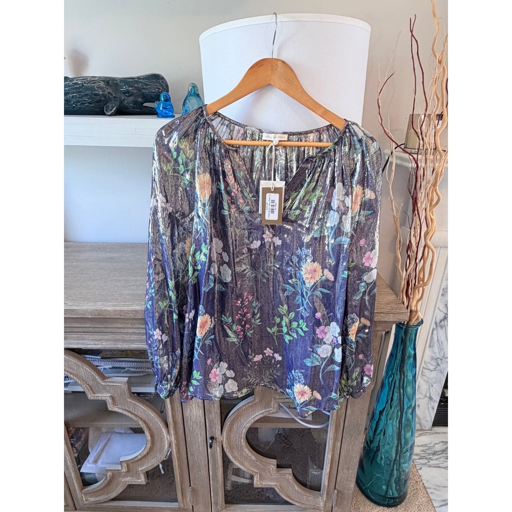 NWT Ann Mashburn Ariana Blouse - Navy Metallic Floral Womens Size S